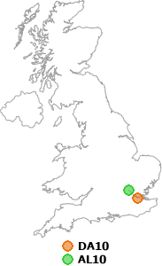 map showing distance between DA10 and AL10