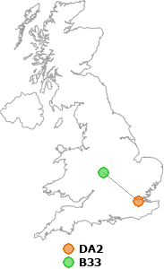 map showing distance between DA2 and B33