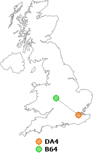 map showing distance between DA4 and B64