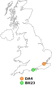 map showing distance between DA4 and BH23