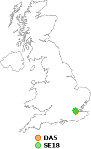 map showing distance between DA5 and SE18