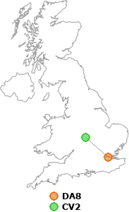 map showing distance between DA8 and CV2