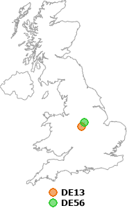 map showing distance between DE13 and DE56