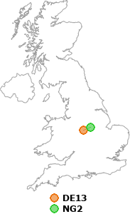 map showing distance between DE13 and NG2