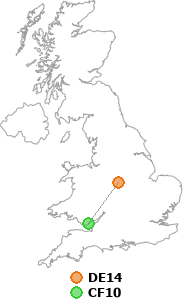 map showing distance between DE14 and CF10