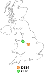 map showing distance between DE14 and CH2