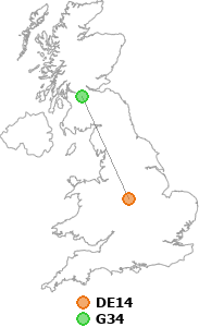 map showing distance between DE14 and G34