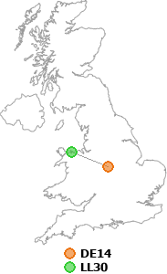 map showing distance between DE14 and LL30