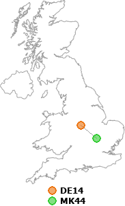 map showing distance between DE14 and MK44