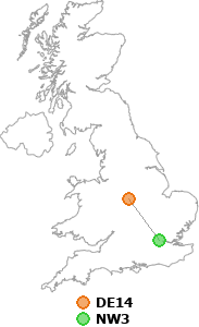 map showing distance between DE14 and NW3