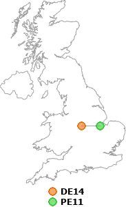 map showing distance between DE14 and PE11