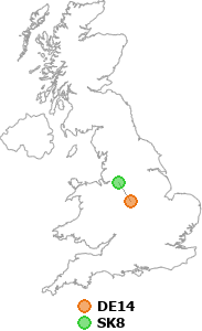 map showing distance between DE14 and SK8