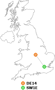 map showing distance between DE14 and SW1E