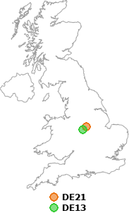 map showing distance between DE21 and DE13