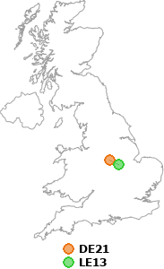 map showing distance between DE21 and LE13