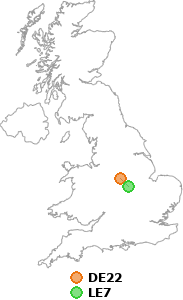 map showing distance between DE22 and LE7