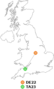 map showing distance between DE22 and TA23