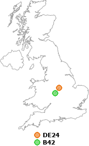 map showing distance between DE24 and B42