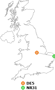 map showing distance between DE5 and NR31