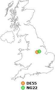 map showing distance between DE55 and NG22