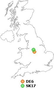 map showing distance between DE6 and SK17