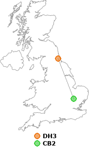 map showing distance between DH3 and CB2