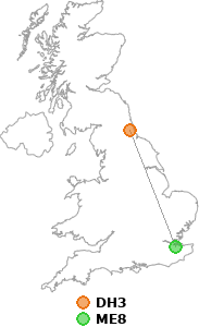 map showing distance between DH3 and ME8