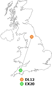 map showing distance between DL12 and EX20