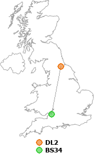 map showing distance between DL2 and BS34