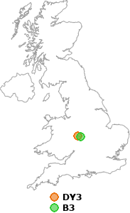 map showing distance between DY3 and B3