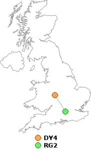 map showing distance between DY4 and RG2