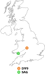 map showing distance between DY9 and SA6