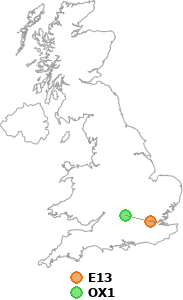 map showing distance between E13 and OX1