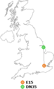 map showing distance between E15 and DN35