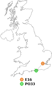 map showing distance between E16 and PO33