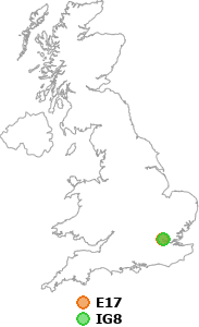 map showing distance between E17 and IG8