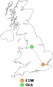 map showing distance between E1W and OL6