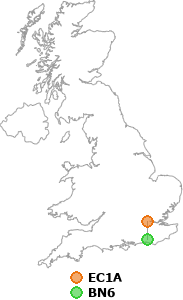 map showing distance between EC1A and BN6