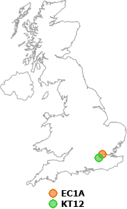 map showing distance between EC1A and KT12