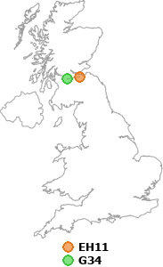 map showing distance between EH11 and G34