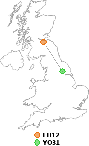 map showing distance between EH12 and YO31