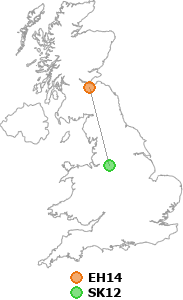 map showing distance between EH14 and SK12