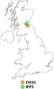 map showing distance between EH21 and KY5