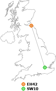 map showing distance between EH42 and SW10