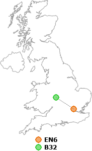 map showing distance between EN6 and B32