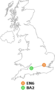 map showing distance between EN6 and BA2