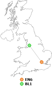 map showing distance between EN6 and BL1