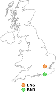 map showing distance between EN6 and BN3