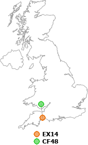 map showing distance between EX14 and CF48