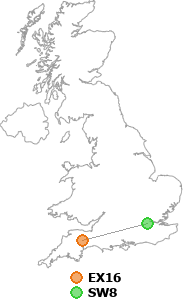 map showing distance between EX16 and SW8